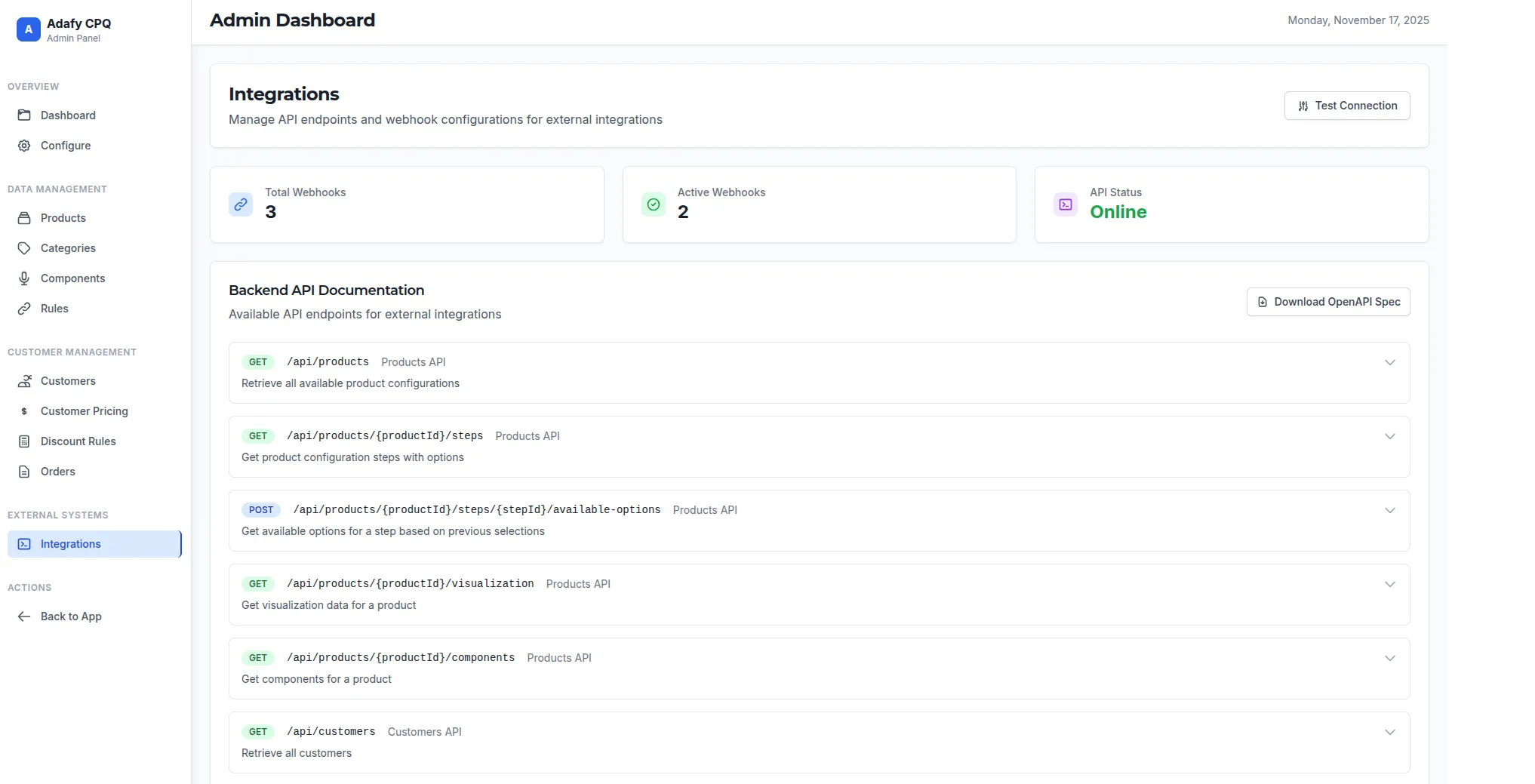 Adafy CPQ integraatiot - REST API, Webhooks ja kehittäjädokumentaatio