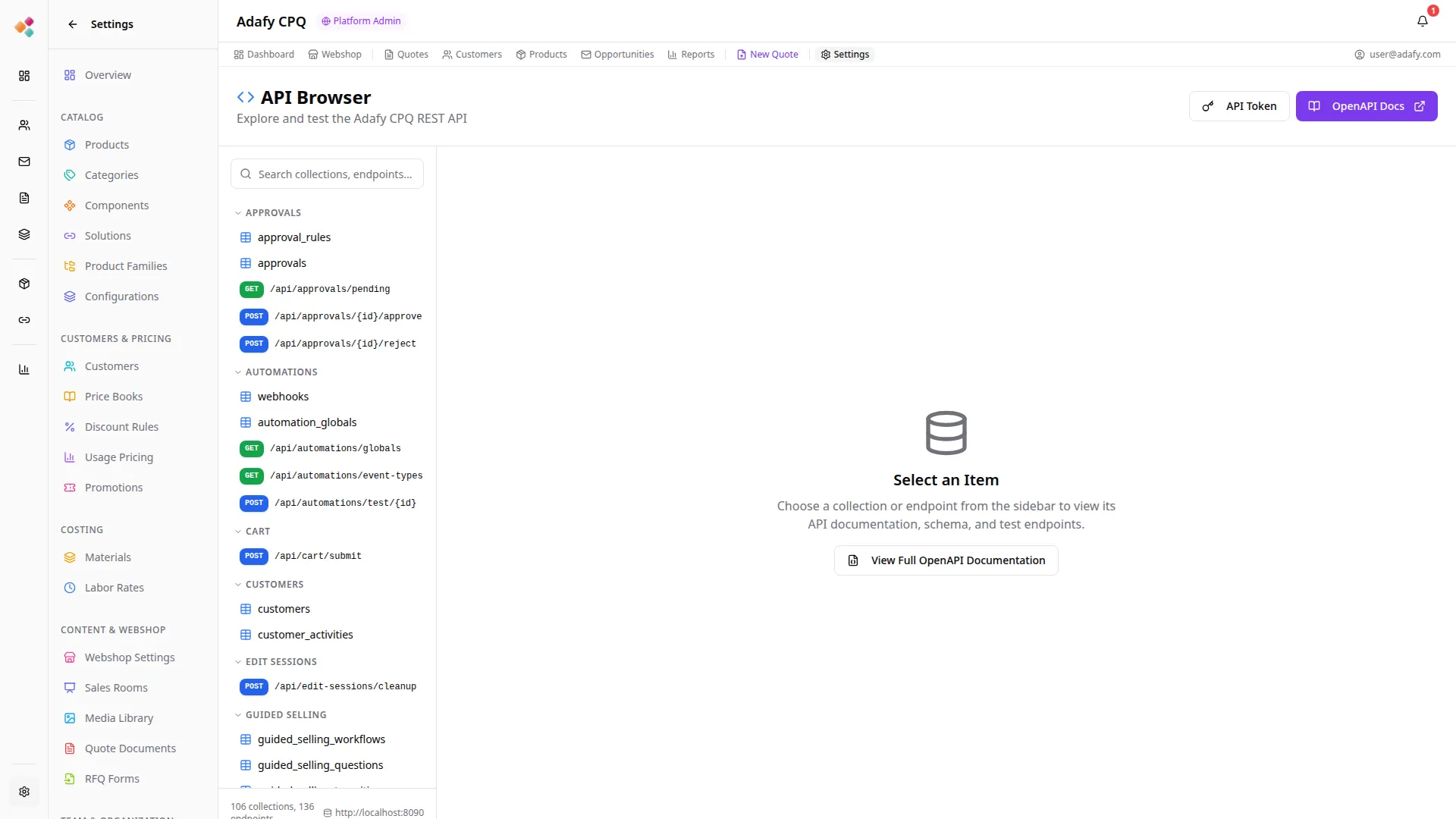 Adafy CPQ integraatiot - REST API, Webhooks ja kehittäjädokumentaatio