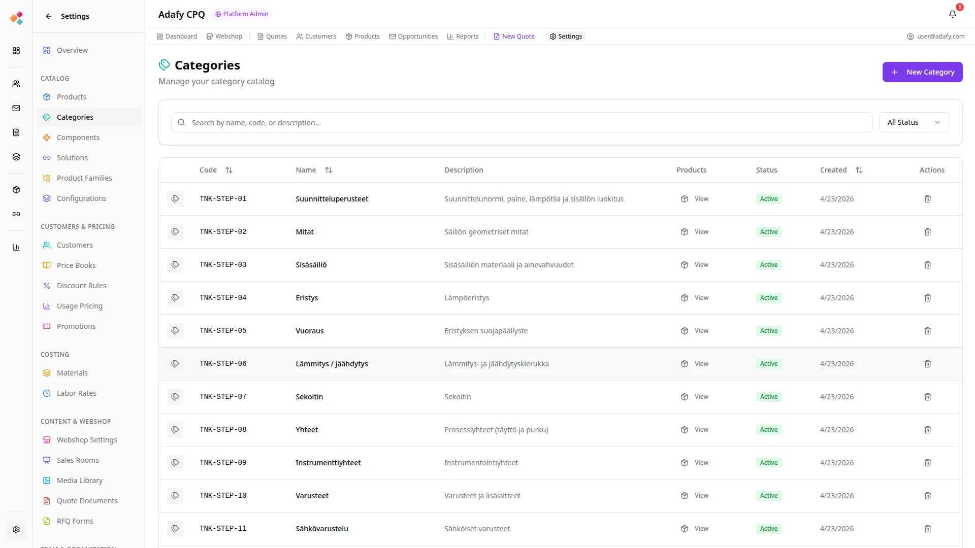 Adafy CPQ kategorioiden ja rakenteen hallinta