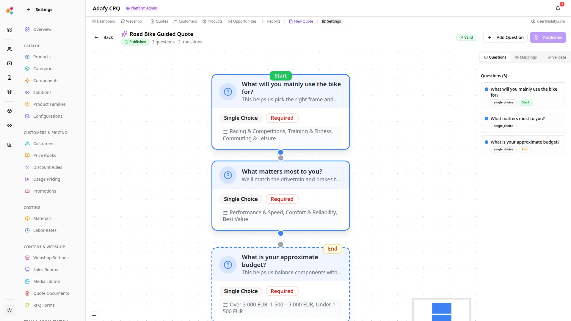 Adafy CPQ ohjatun myynnin kysymyspolkujen rakentaminen