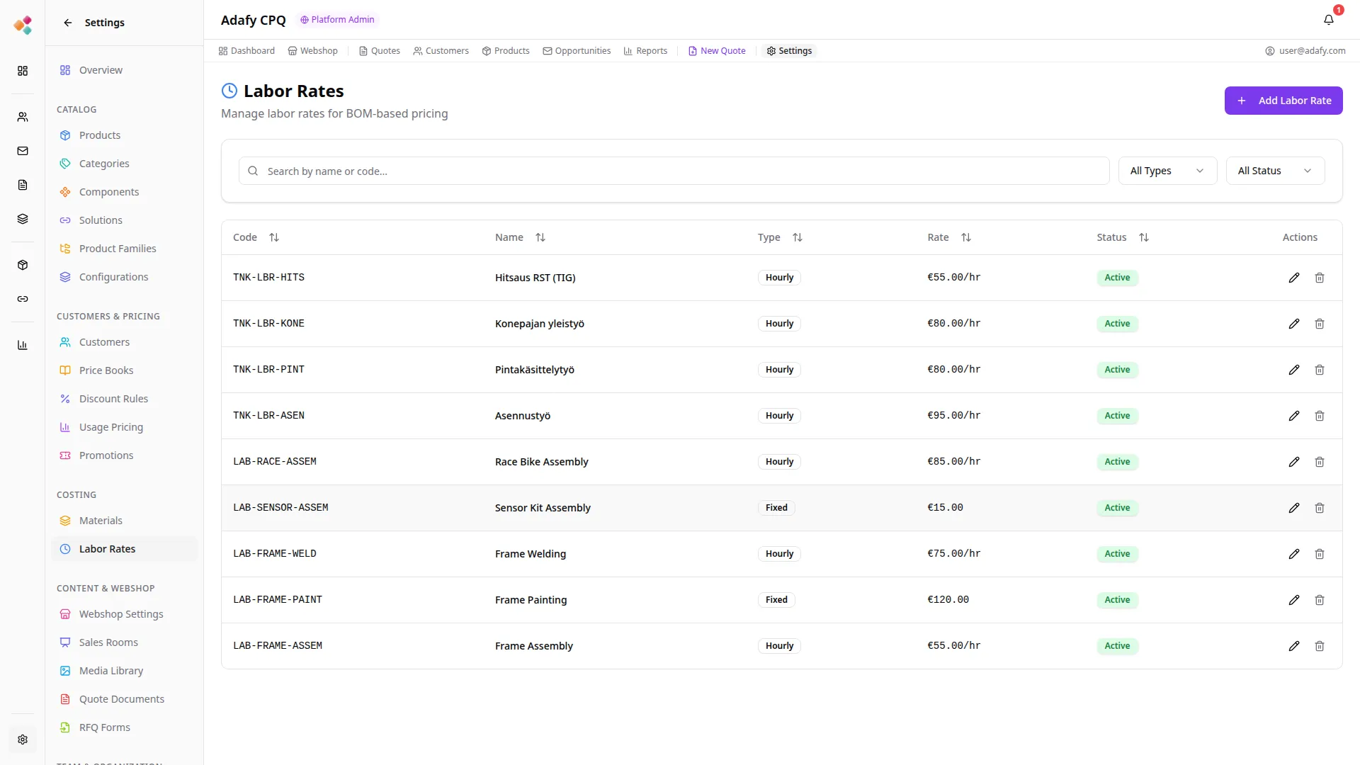 Adafy CPQ asiakaskohtainen hinnoittelu - sopimushinnat ja volyymihinnoittelu