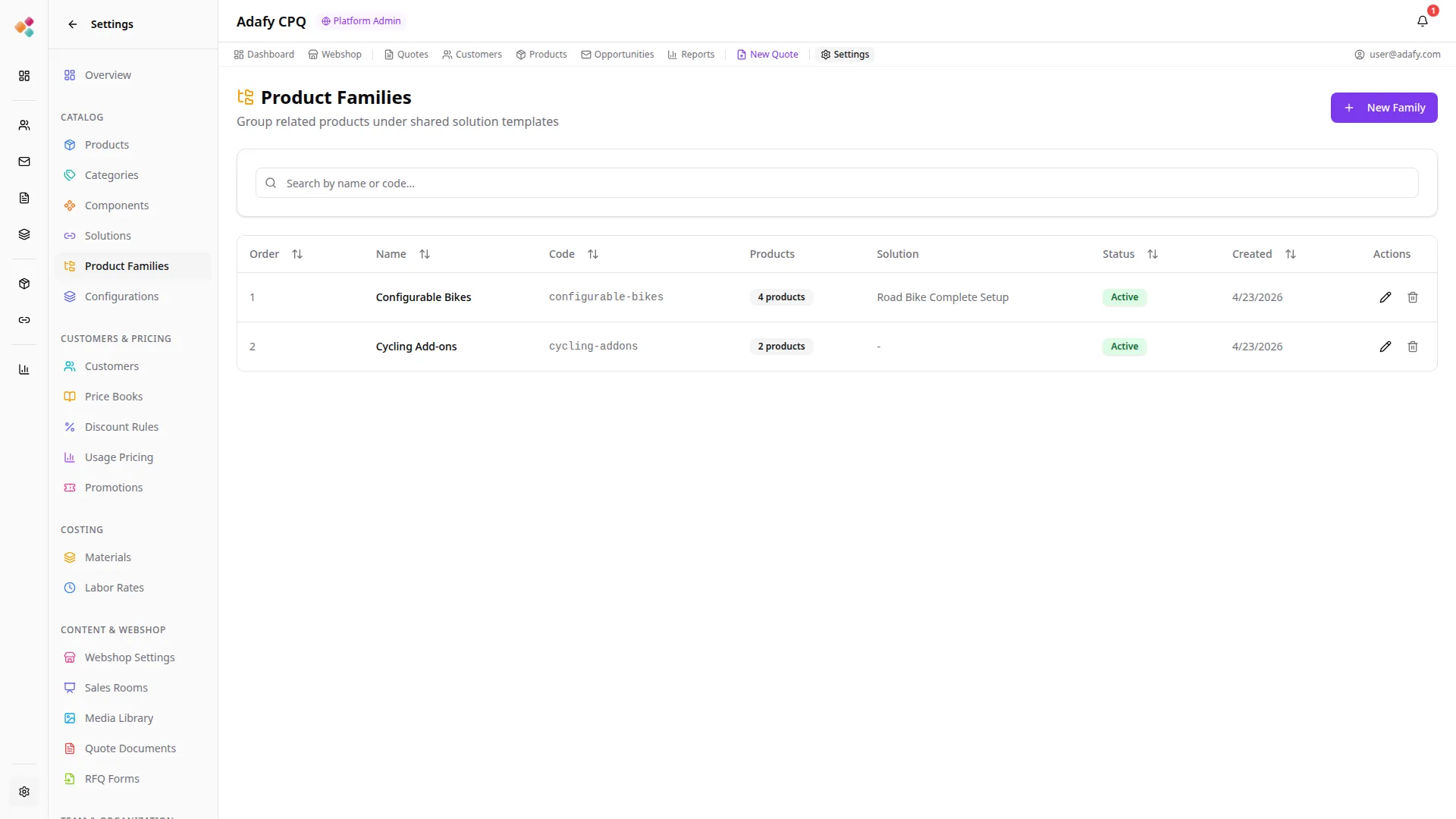 Adafy CPQ tuoteperheiden rakentaminen ja hallinta