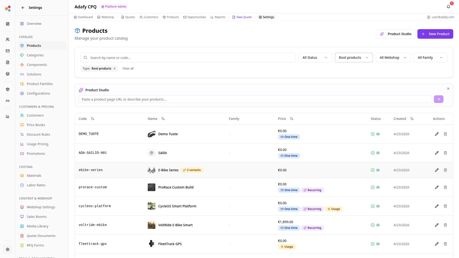 Adafy CPQ komponenttihallinta - keskitetty tuotevariaatioiden hallinta