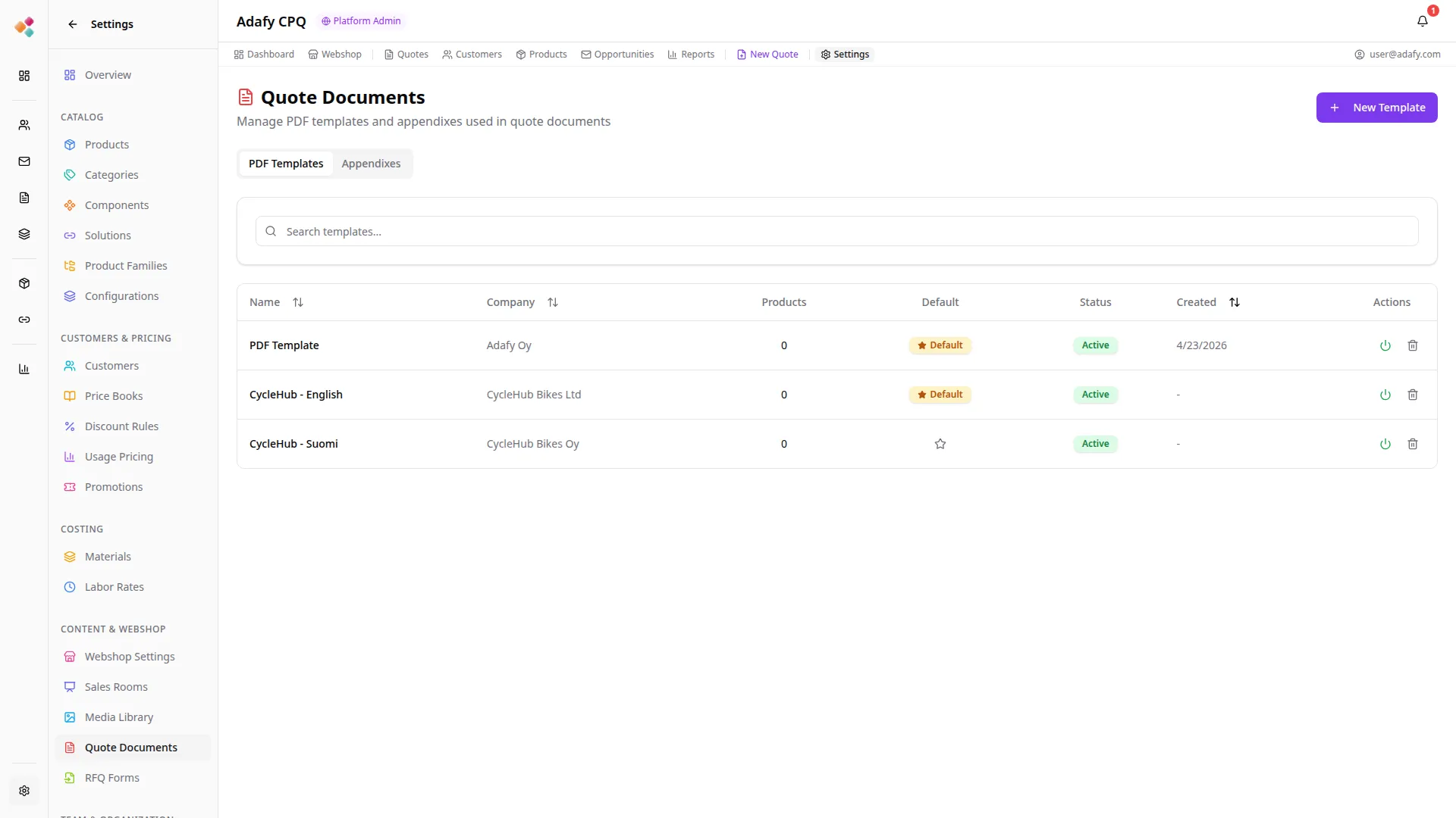 Adafy CPQ PDF-tarjous ja automaattiset dokumentit
