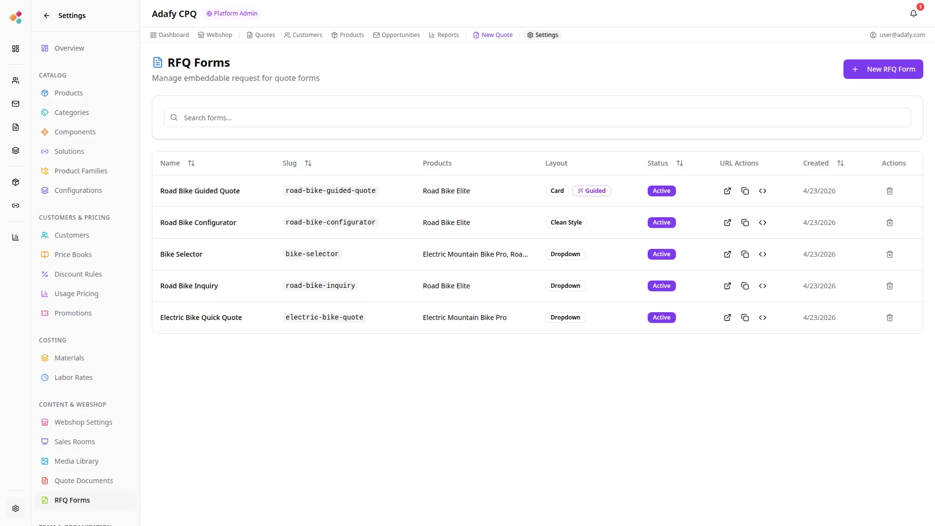 Adafy CPQ tarjouspyyntölomakkeiden hallinta