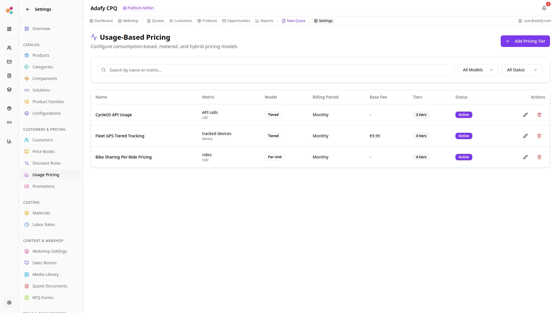 Adafy CPQ Käyttöperusteinen ja SaaS hinnoittelu