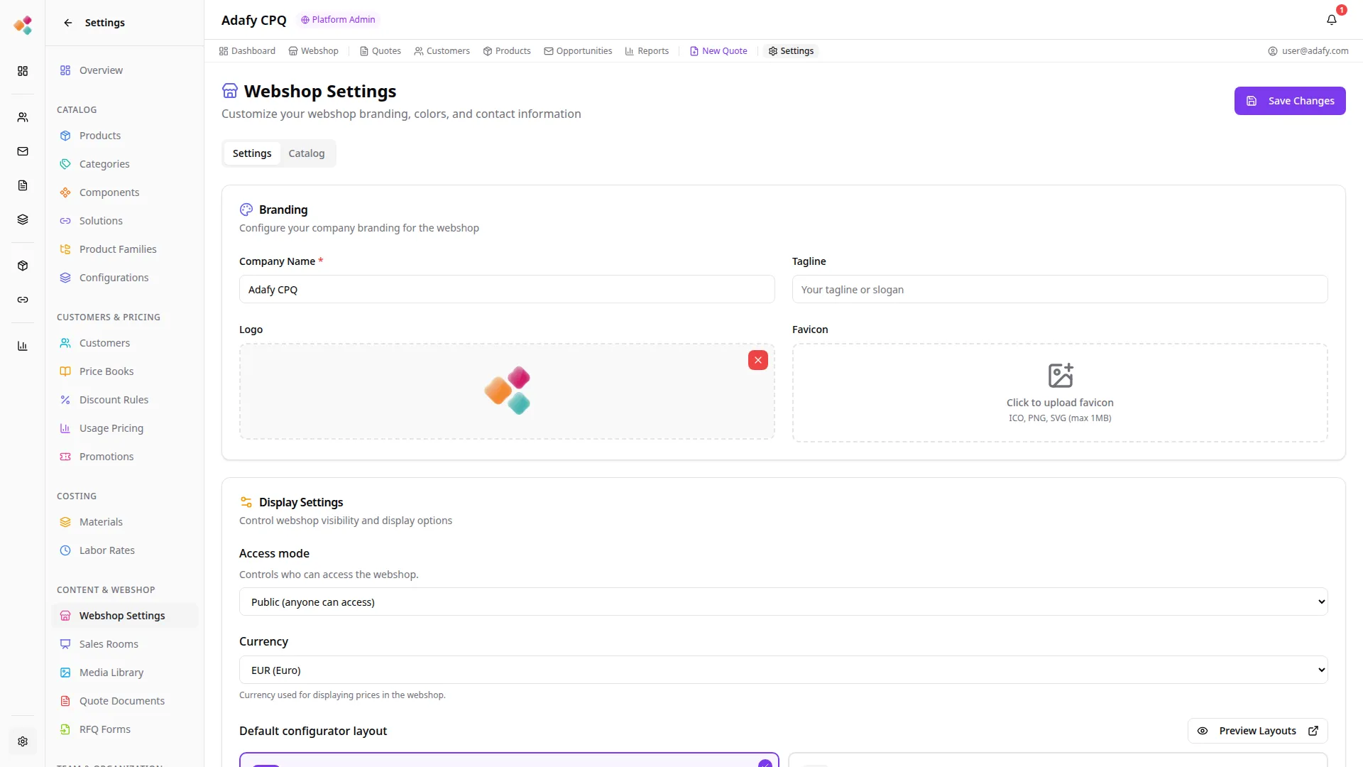Adafy CPQ myyntikonfiguraattori - myyjille tarkoitettu käyttöliittymä