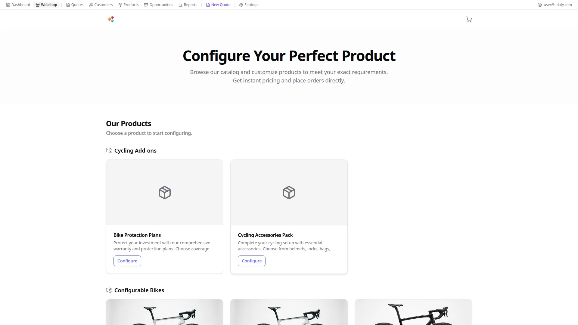 Adafy CPQ asiakkaan itsepalvelukonfiguraattori - 24/7 tuotekonfigurointi