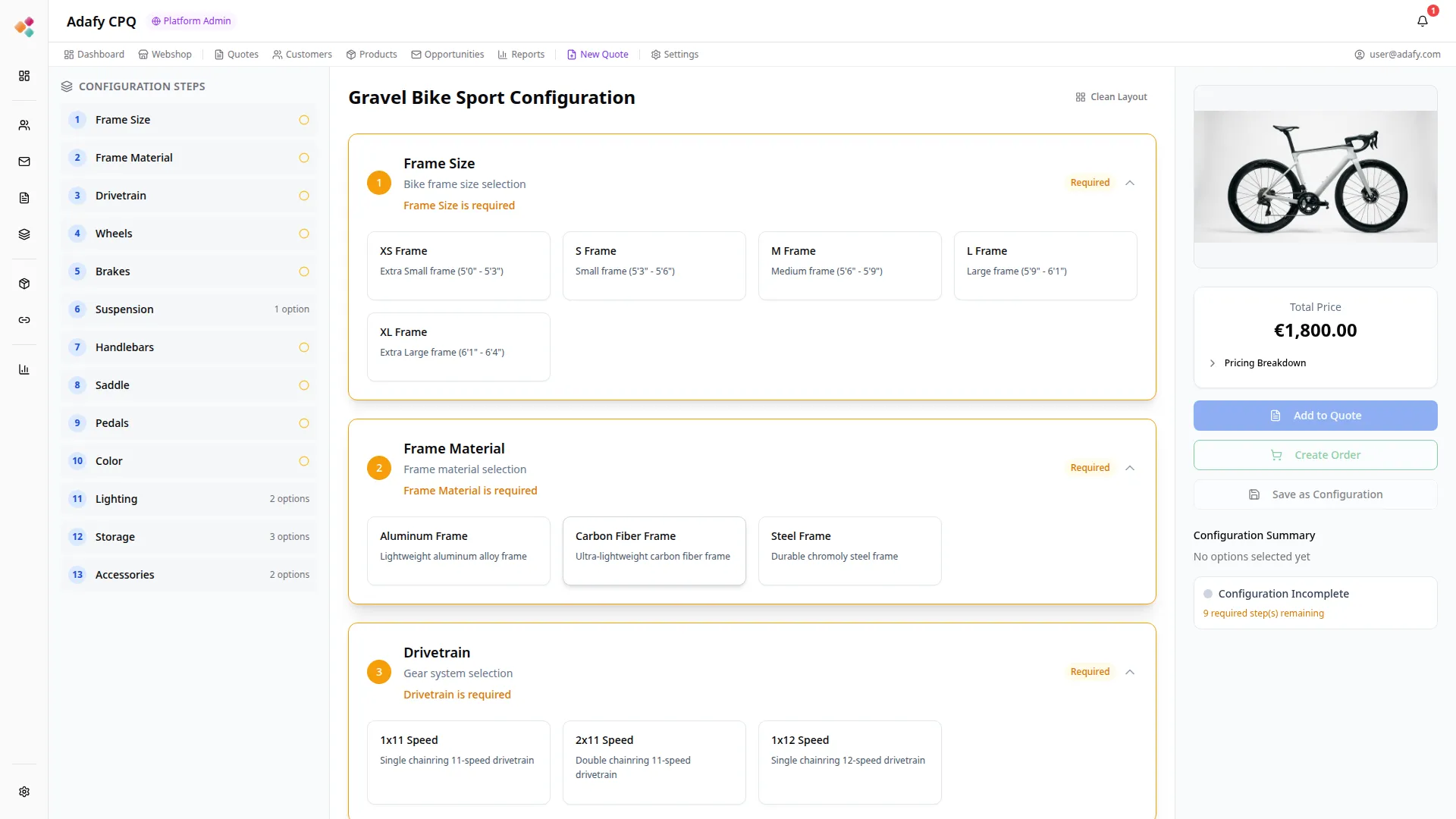 Adafy CPQ tuotekonfiguraattori - visuaalinen konfigurointi, reaaliaikainen hinnoittelu ja komponenttien valinta yhdessä näkymässä