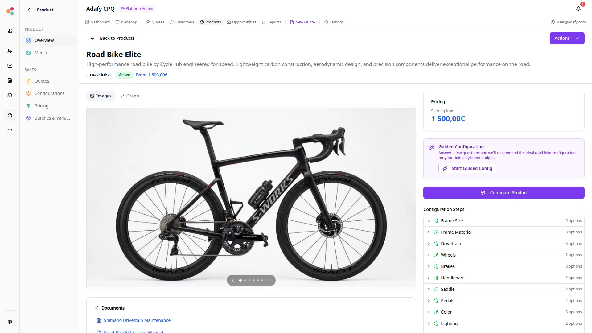 Adafy CPQ tuotteen konfigurointi ja tuotetiedot