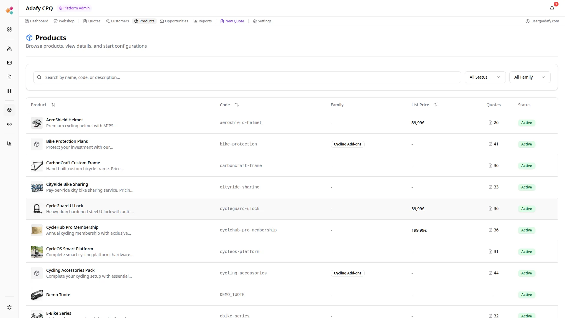 Adafy CPQ tuotekatalogi myyjän työkaluna