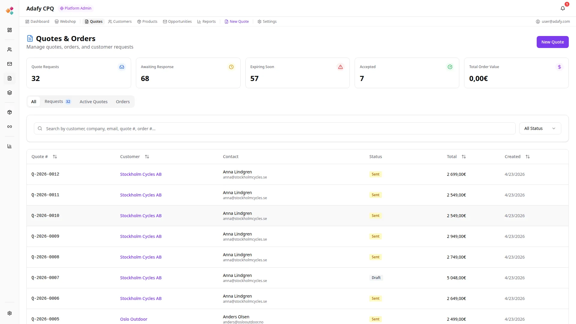 Adafy CPQ asiakkaan tarjousarkisto