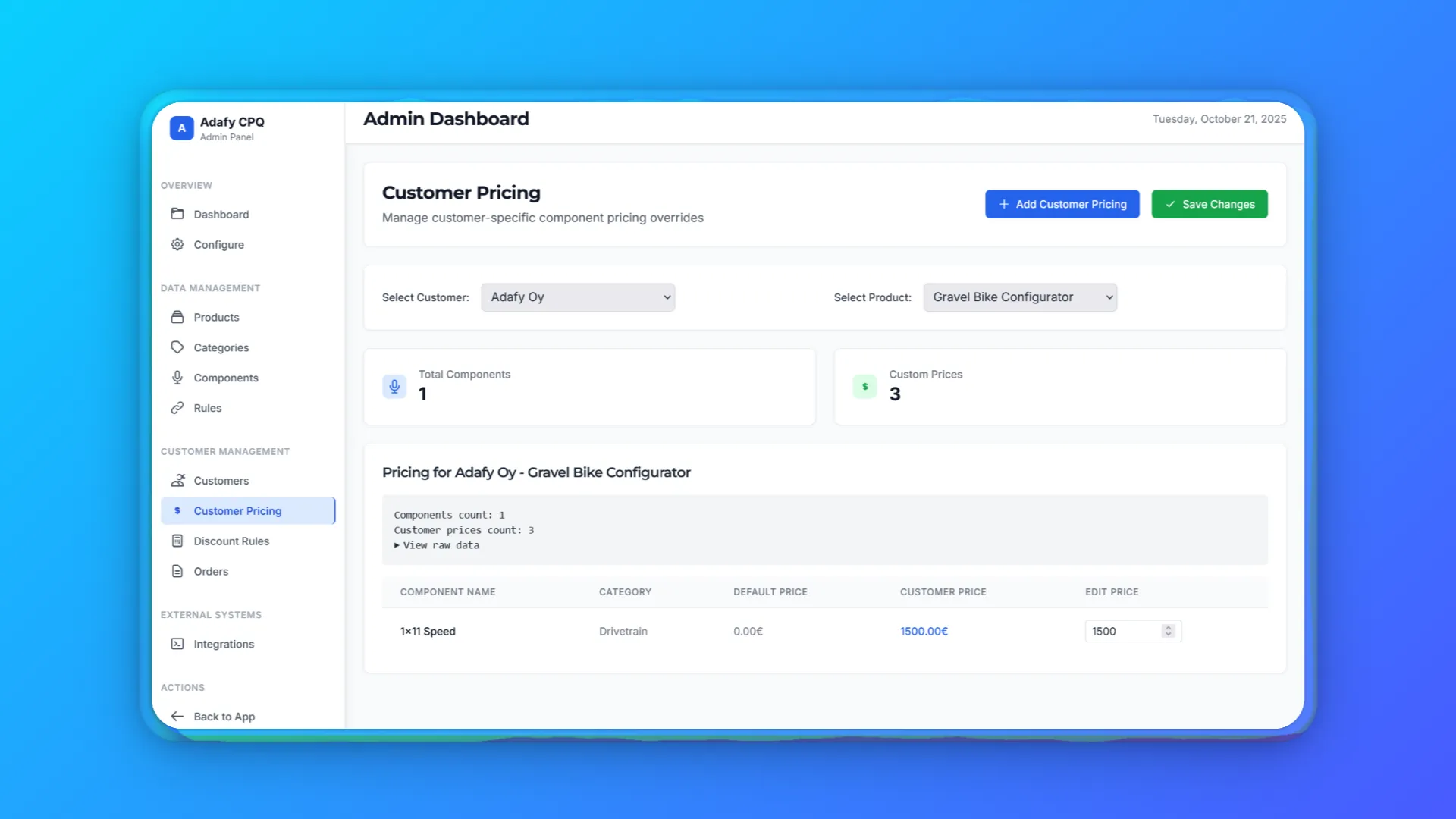 Adafy CPQ asiakaskohtainen hinnoittelu - sopimushinnat ja volyymihinnoittelu