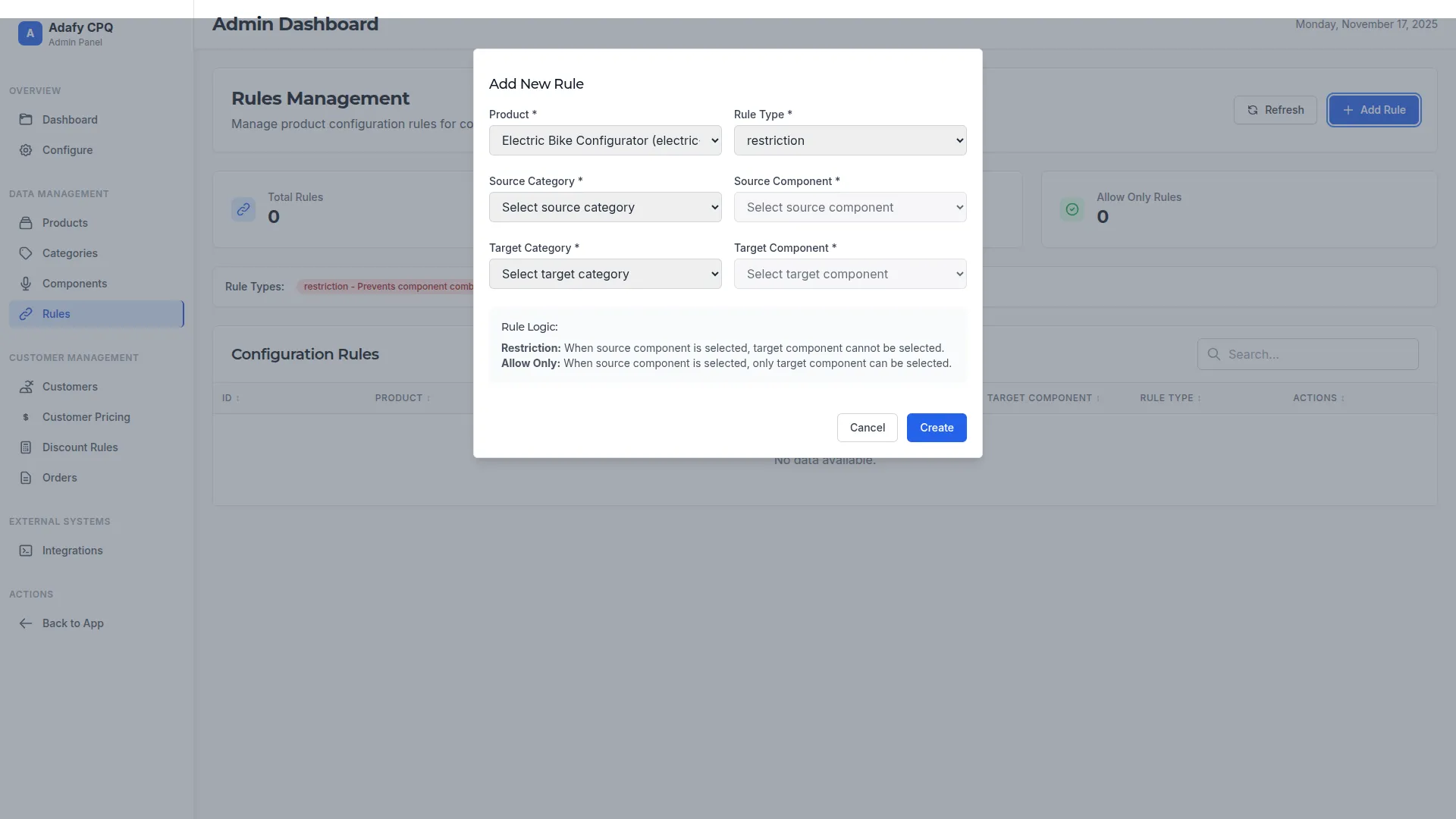 Adafy CPQ konfigurointisääntöjen hallintapaneeli