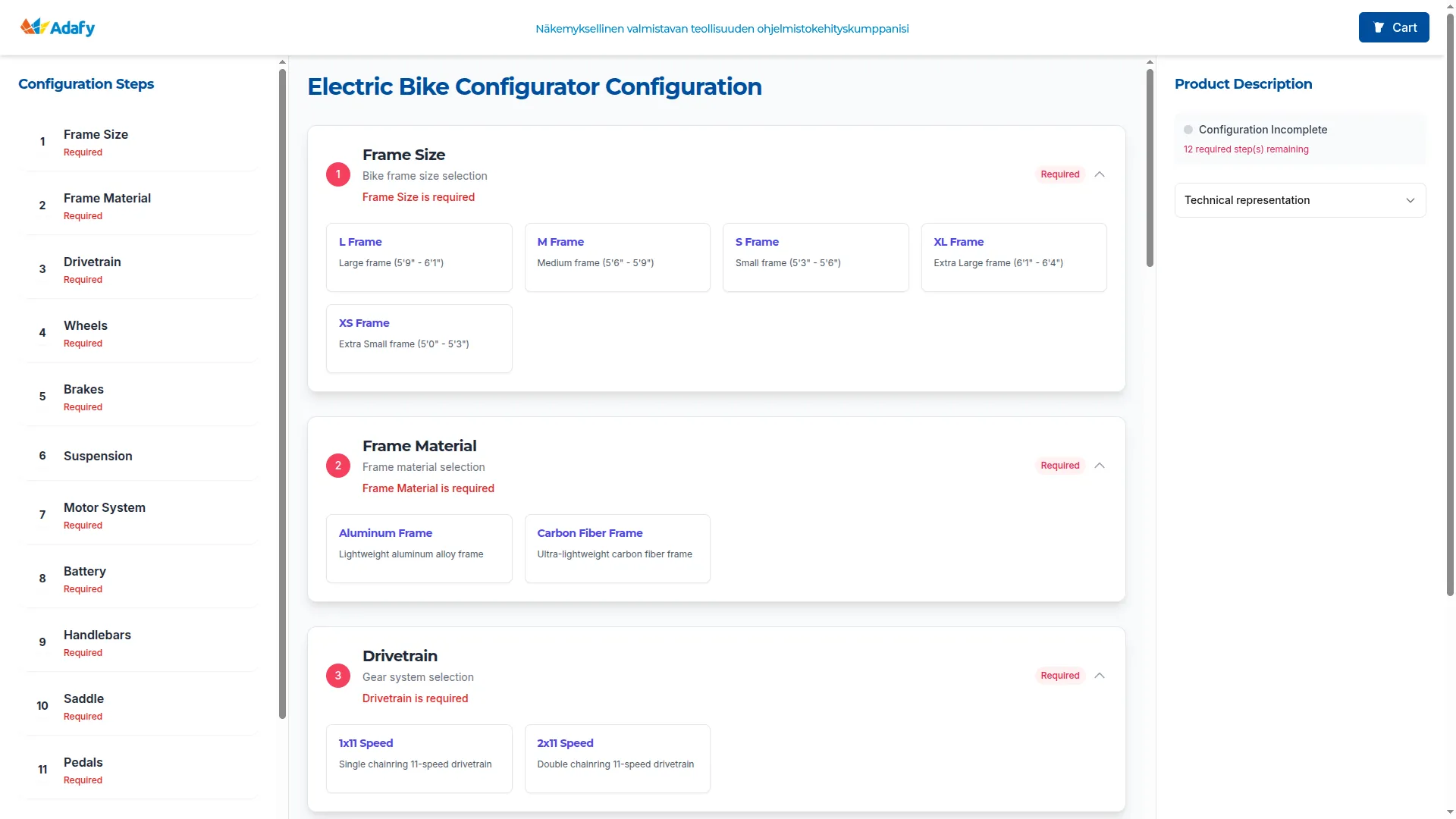 Adafy CPQ tuotekonfiguraattori - visuaalinen konfigurointi, reaaliaikainen hinnoittelu ja komponenttien valinta yhdessä näkymässä